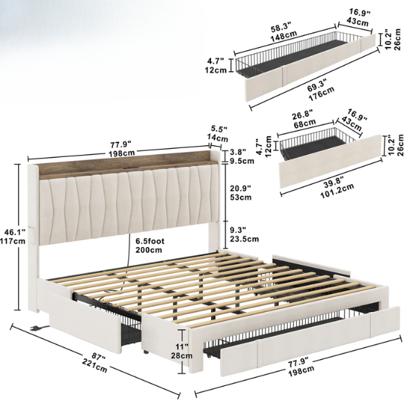 Modern Upholstered King Size Bed Frame with 3 Storage Drawers, Soft Foam Headboard, and Built-in Charging Station
