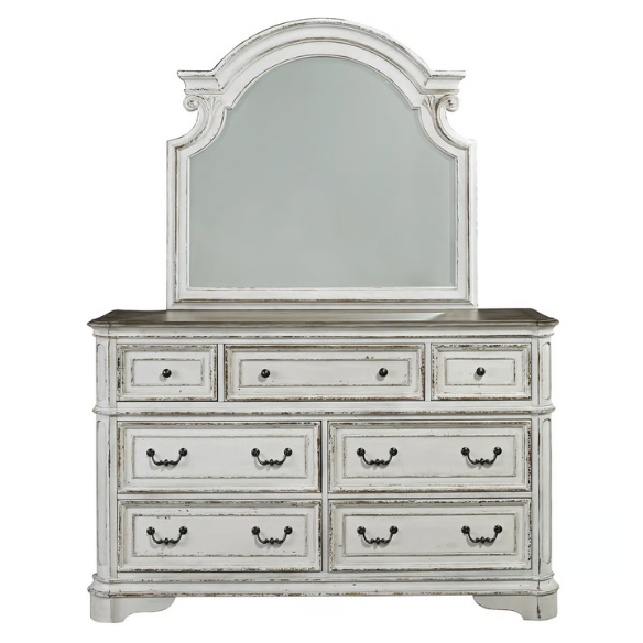 Upholstered Bed, Dresser, Mirror, and Nightstand Set in Antique White – Timeless Elegance, Refined Craftsmanship, and Distinctive Style
