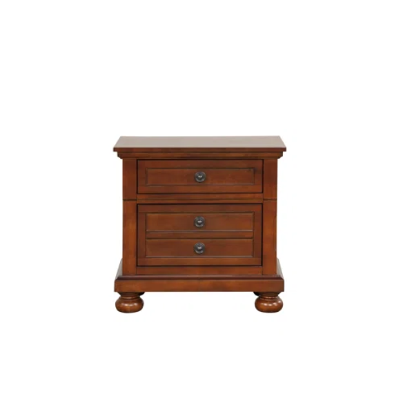 Cherry Brown King Size Platform Bedroom Set with Real Wood Veneers, Full Extension Footboard Storage Drawers, and Matching Large-Scale Dressers, Nightstands, and Mirror