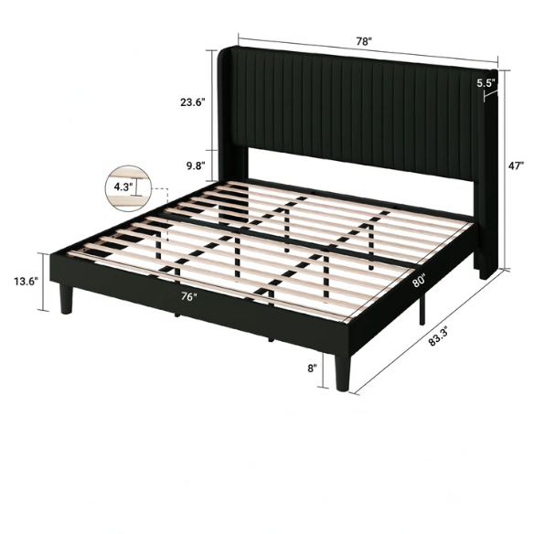 Luxurious King Size Upholstered Velvet Platform Bed with Modern Wingback Headboard – Heavy-Duty Steel Frame, No Box Spring Needed, and Ample Under-Bed Storage