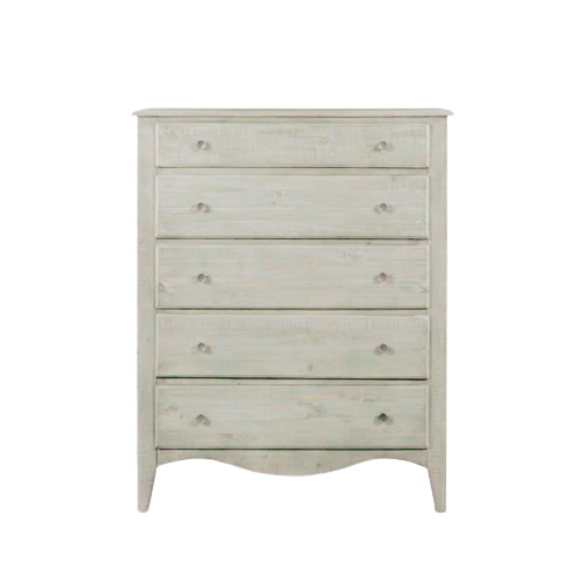 Rustic Charm Meets Chic Elegance: Solid Wood Platform King Size Bedroom Set with Scalloped Edges, Weathered White Wash Finish, Unique Grain Patterns, Angled Feet, and Oil-Rubbed Bronze Drawer Pulls