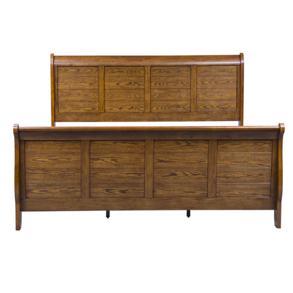 Rustic American Elegance: Sleigh Bed, Dresser & Mirror, Chest – Crafted with Rubberwood Solids & Oak Veneers, Featuring Antique Brass Hardware, Dovetail Construction, and Ample Storage for a Timeless, Durable Bedroom Collection