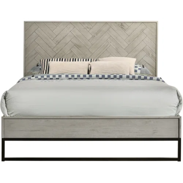 Industrial Mid-Century Modern Platform Bedroom Set with Herringbone Design Headboard – Stylish and Versatile