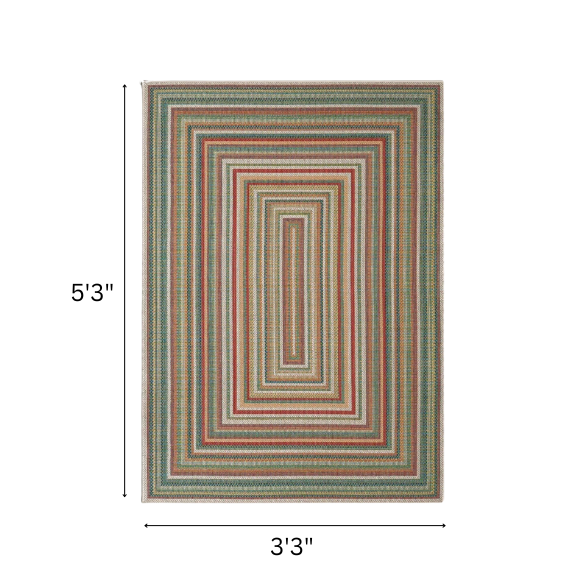Coastal-Inspired Geometric Rug – Fade & Stain-Resistant, Green & Orange Pattern, Ideal for Indoor/Outdoor Use