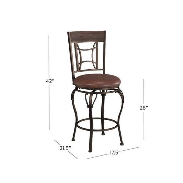 Metal Swivel Stool – Dark Chestnut Finish with Distressed Wood Rail, Geometric Back Design, Antique Brown Faux Leather Seat, 360° Swivel, Counter & Bar Height Options