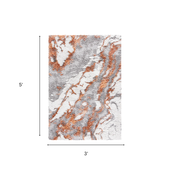 Plush Abstract Rust, Grey, and White Pattern Shag Rug