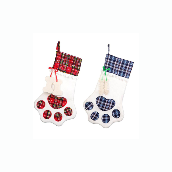 Blue Plaid Paw Christmas Stocking – Festive Holiday Decor & Gift Holder for Pets