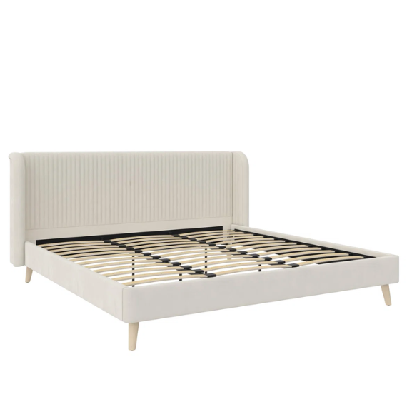 King Size Upholstered Wingback Platform Bed – Luxe Velvet Headboard with Vertical Tufting, Mid-Century Modern Design, and Space-Saving Wooden Frame