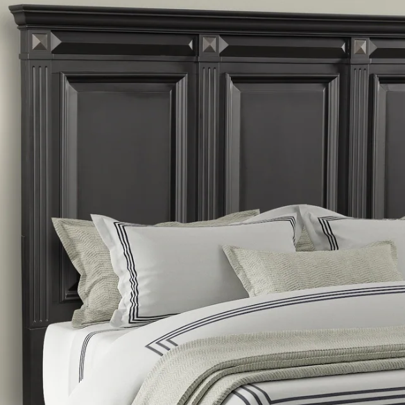 Timeless Vintage Black Wood 6-Piece Traditional Bedroom Set with Double-Panel Bed, Silvertone Accents, and Fluted Pilasters