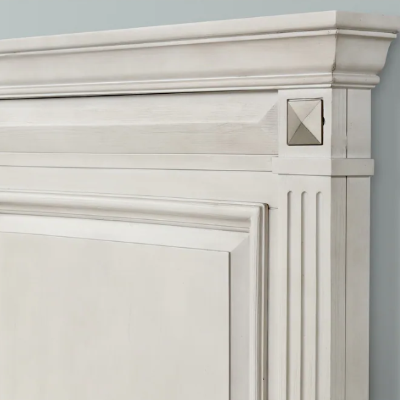 Distressed Parchment Wood Bedroom Set with Panel Bed, Dresser, Mirror, and Nightstand, Featuring Silver Accents and Fluted Pilasters