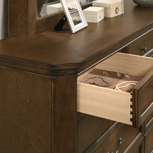 Traditional Wood Panel Bedroom Set with Dresser, Mirror, Nightstand, and Chest in Antique Walnut Finish