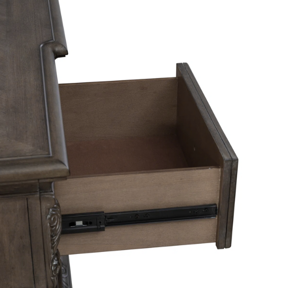 Brown & Beige King Poster Bedroom Set with Dresser, Mirror, Chest & Nightstand – Rustic Hickory Veneers, Sand Linen Upholstery, Antique Brass Accents