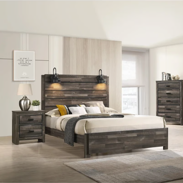 Rustic Dark Grey Weathered 6-Piece Platform Bedroom Set with Bold Black Hardware – Frame-Style Design, Metal-on-Metal Drawer Guides, and Sturdy Construction