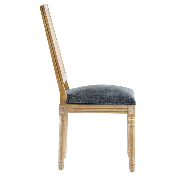 French Country Wood and Cane Upholstered Dining Chairs – Weathered Rubberwood Frame with Fluted Legs & Rectangular Cane Backrest