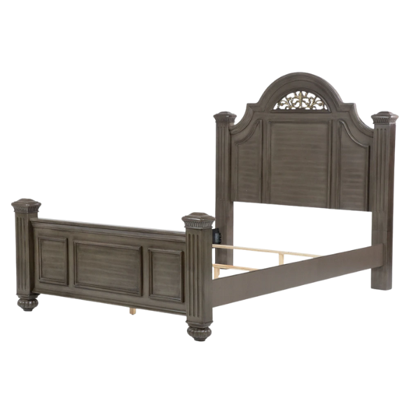Elegant Traditional 5-Piece Grey Wood Poster Bedroom Set with Fluted Columns, Carved Floral Accents, and Bell-Shaped Headboard