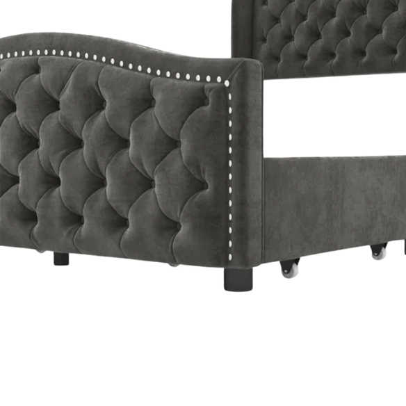 Luxurious King Size Velvet Upholstered Platform Bed with Tufted Camelback Headboard, Nailhead Trim, and 4 Built-In Storage Drawers – Stylish and Functional Bedroom Upgrade