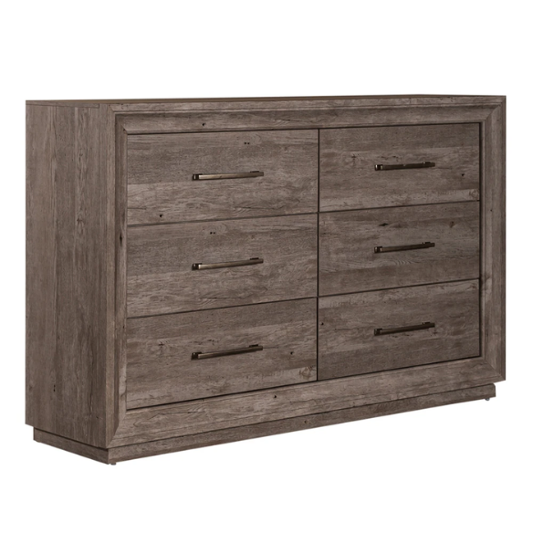 Modern Greystone 4-Piece King Storage Bed, Dresser, Mirror & Nightstand Set with LED Lighting, Built-In Charging Station, and Brushed Nickel Hardware – Floating Panel Headboard and Plinth Base