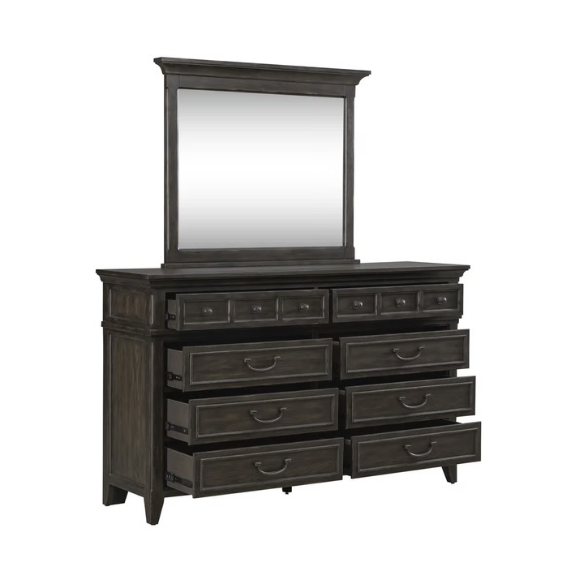 Rustic Elegance 3-Piece King Panel Bed, Dresser & Mirror Set in Saddle Brown – Crafted with Rubberwood and Split Heart White Oak Veneers, Soft-Close Drawers, Cedar Lining, Antique Pewter Hardware, and Crown Molding Details