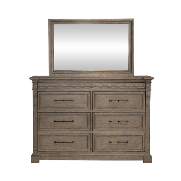 Timeless Elegance Barrigan 6-Piece King Panel Bed, Dresser, Mirror, Chest & Nightstand Set – Dusty Taupe Finish, Burnished Brass Accents, Full Extension Drawers, Cedar & Felt-Lined Drawers, Decorative Fretwork, and Built-in Charging Station