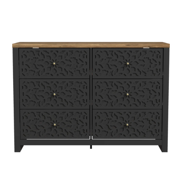 Boho-Inspired 45.4" 6-Drawer Dresser with Distressed Finish and Openwork Floral Details
