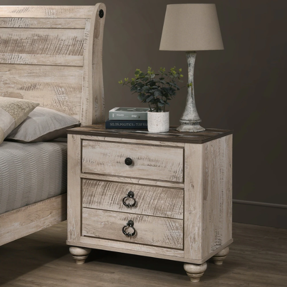 Charming 6-Piece White Wash Finish Bedroom Set with Sleigh Bed, Dresser, Mirror, Nightstands, and Chest – Antique Bronze Accents and Rustic Elegance