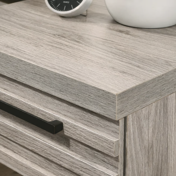 Upholstered 5-Piece Bedroom Set with Weathered Gray Finish, LED Piers, and Functional Storage