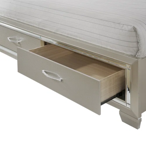 Elegant Glamour: 5-Piece Bedroom Set with Lustrous Platinum Dresser, Crystal and Chrome Handles – A Stunning, Star-Quality Collection to Elevate Your Bedroom Décor