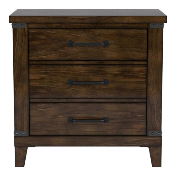 Rustic Dark Walnut 2-Piece King Size Panel Bed and Nightstand Set with X-Shape Accents and Metal Corners