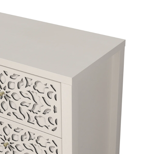 Boho-Inspired 45.4" 6-Drawer Dresser with Distressed Finish and Openwork Floral Details