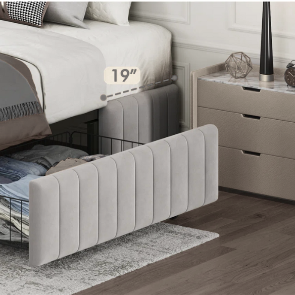 King Size Upholstered Platform Storage Bed with Velvet Fabric, Channel-Tufted Accents, and Built-In Drawers for Extra Storage