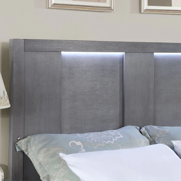 Modern 5-Piece Grey Wood Storage Platform Bedroom Set with LED Headboard Lights and Dovetail Drawers