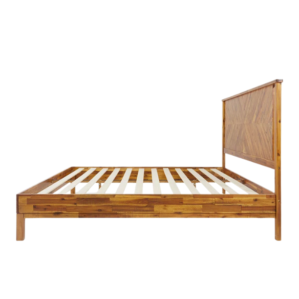 Solid Wood Platform King Size Bed with Headboard and Sturdy Steel Frame, Rustic Design