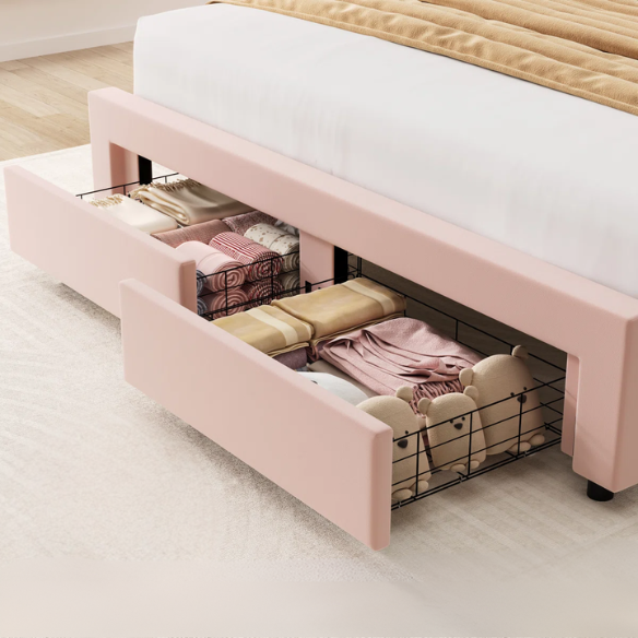 Floral-Inspired Queen Size Upholstered LED Bed Frame with Luxury Velvet, Drawer, and Adjustable Headboard