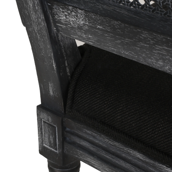 French Country Wood and Cane Upholstered Dining Chairs – Weathered Rubberwood Frame with Fluted Legs & Rectangular Cane Backrest