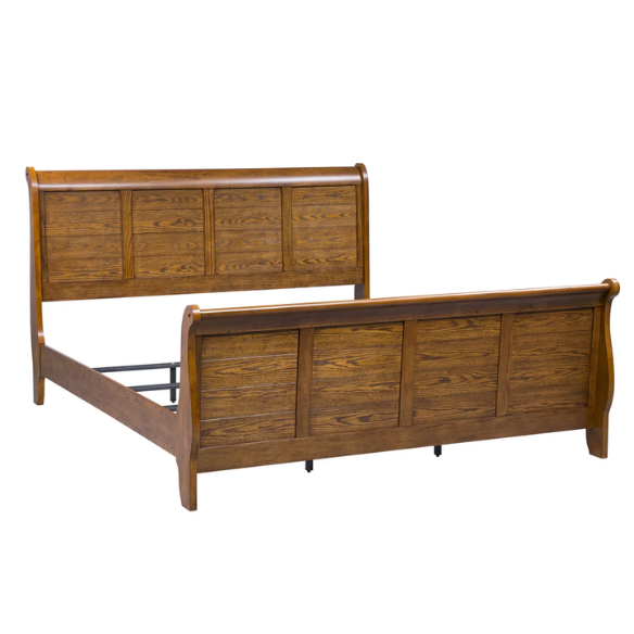 Rustic American Elegance: Sleigh Bed, Dresser & Mirror, Chest – Crafted with Rubberwood Solids & Oak Veneers, Featuring Antique Brass Hardware, Dovetail Construction, and Ample Storage for a Timeless, Durable Bedroom Collection