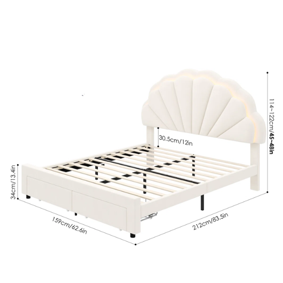 Floral-Inspired Queen Size Upholstered LED Bed Frame with Luxury Velvet, Drawer, and Adjustable Headboard