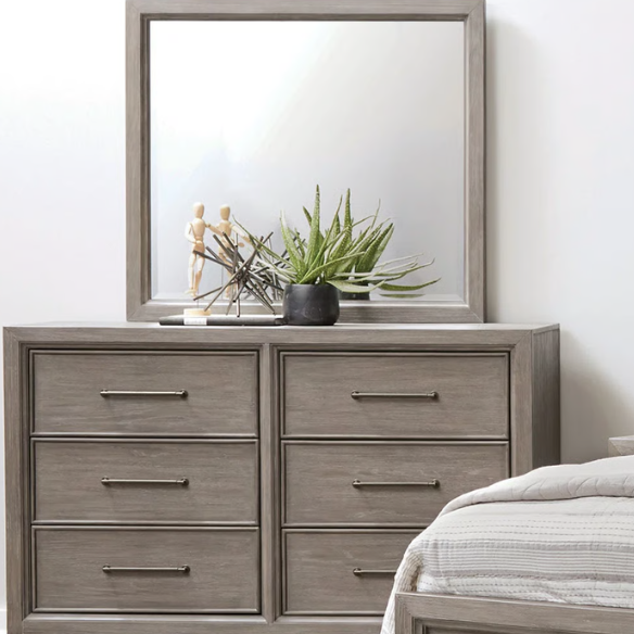 6-Piece Gray Wood Bedroom Set with Upholstered Panel Bed, Dresser, Mirror, 2 Nightstands, and Chest – Elegant and Timeless Design