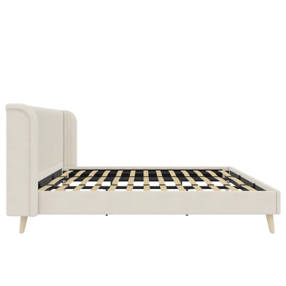 King Size Upholstered Wingback Platform Bed – Luxe Velvet Headboard with Vertical Tufting, Mid-Century Modern Design, and Space-Saving Wooden Frame