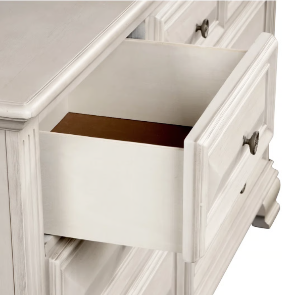 5-Piece King Bedroom Set – Solid Wood Construction with Muted Silver Accents, Fluted Pilasters, French Bracket Foot Bases, and Elegant Dovetail Drawer Detailing for Timeless Sophistication