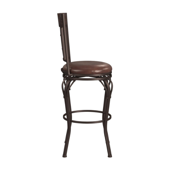 Metal Swivel Stool – Dark Chestnut Finish with Distressed Wood Rail, Geometric Back Design, Antique Brown Faux Leather Seat, 360° Swivel, Counter & Bar Height Options