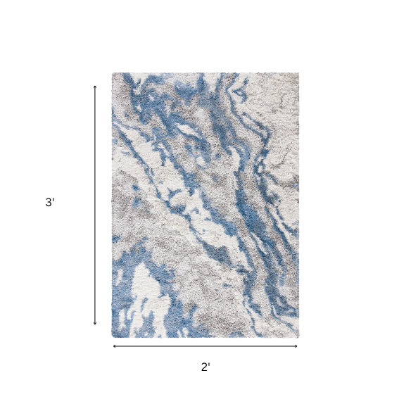 Plush Abstract Blue, Grey, and White Pattern Shag Rug
