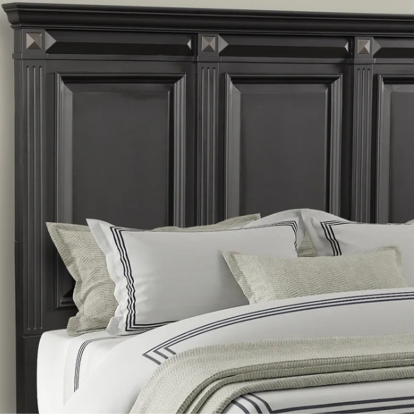 4-Piece Vintage Black Wood Panel Bedroom Set with Distressed Parchment Finish – Traditional Elegance with Silver Accents, Beveled Drawer Fronts, and Brass Rosette Knob Hardware