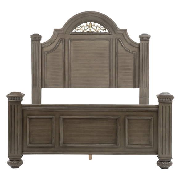 Elegant Traditional 5-Piece Grey Wood Poster Bedroom Set with Fluted Columns, Carved Floral Accents, and Bell-Shaped Headboard