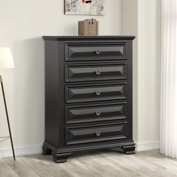 Timeless Vintage Black Wood 6-Piece Traditional Bedroom Set with Double-Panel Bed, Silvertone Accents, and Fluted Pilasters
