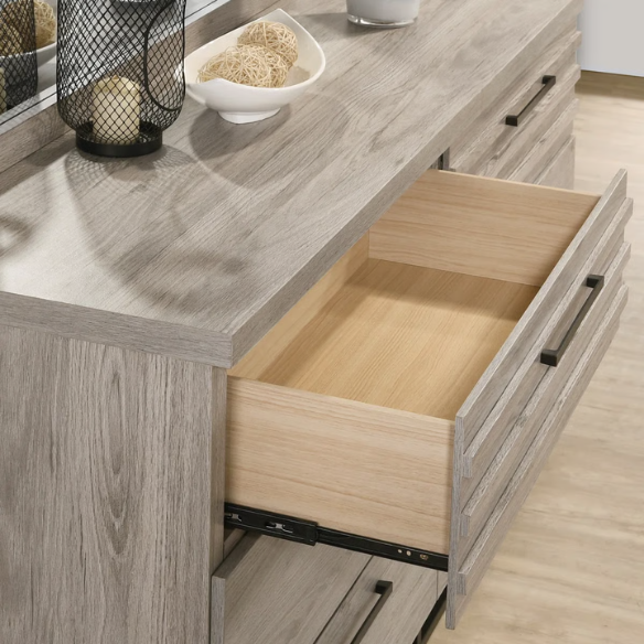 Upholstered 5-Piece Bedroom Set with Weathered Gray Finish, LED Piers, and Functional Storage