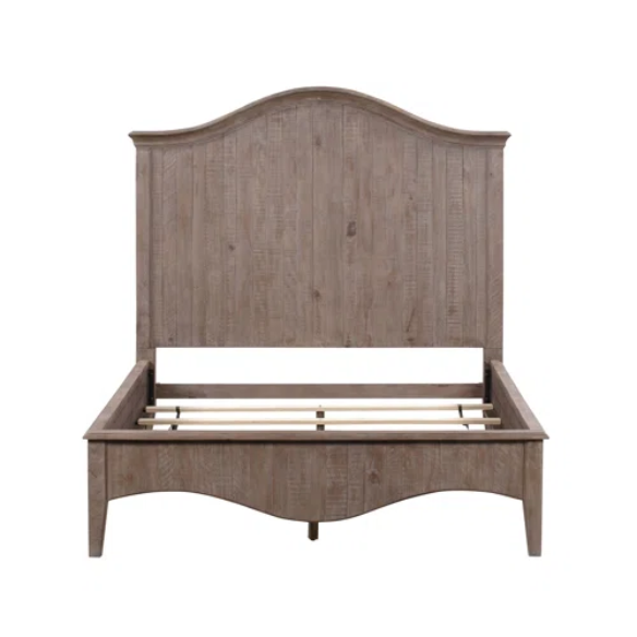 Rustic Charm Meets Chic Elegance: Solid Wood Platform King Size Bedroom Set with Scalloped Edges, Weathered White Wash Finish, Unique Grain Patterns, Angled Feet, and Oil-Rubbed Bronze Drawer Pulls
