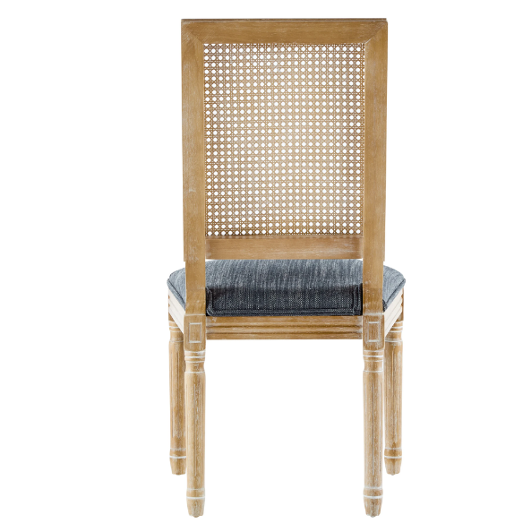 French Country Wood and Cane Upholstered Dining Chairs – Weathered Rubberwood Frame with Fluted Legs & Rectangular Cane Backrest