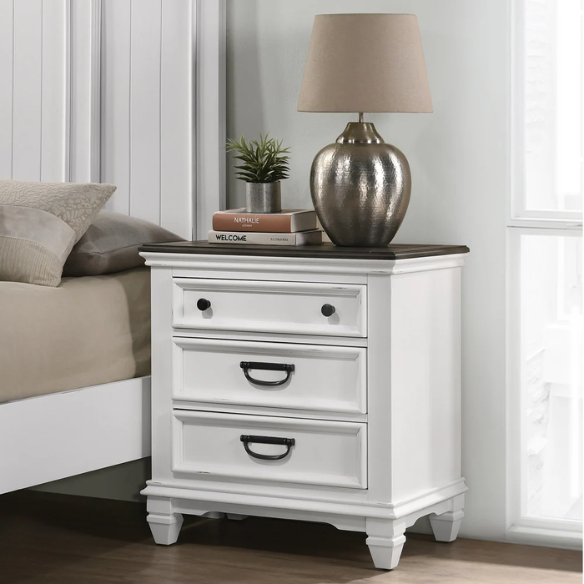 Modern Farmhouse 5-Piece Wood Bedroom Set with Shiplap Detailing, Weathered White Finish, and Black Finished Hardware