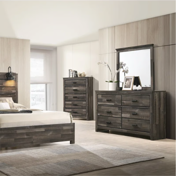 Rustic Dark Grey Weathered 6-Piece Platform Bedroom Set with Bold Black Hardware – Frame-Style Design, Metal-on-Metal Drawer Guides, and Sturdy Construction