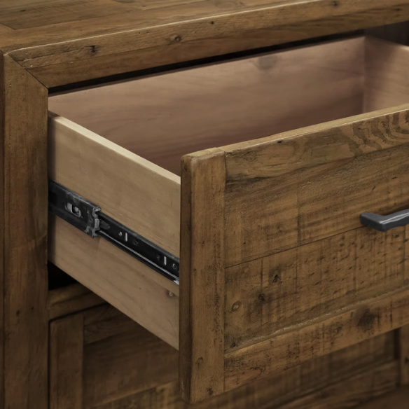 Rugged and Weathered 5-Piece King Bedroom Set – Solid Pine Wood Frame with Dark Brown Finish, Ball-Bearing Glide Drawers, Weathered Steel Hardware, and Ample Storage